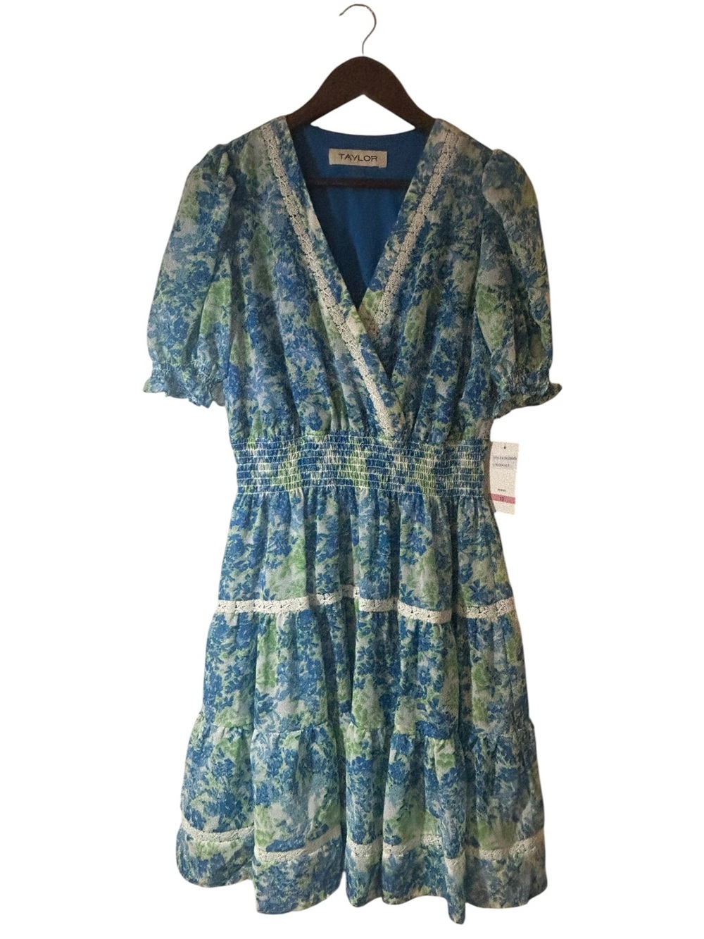Taylor Blue and Green Floral Smocked Elastic Waist Dress with Lace Trim